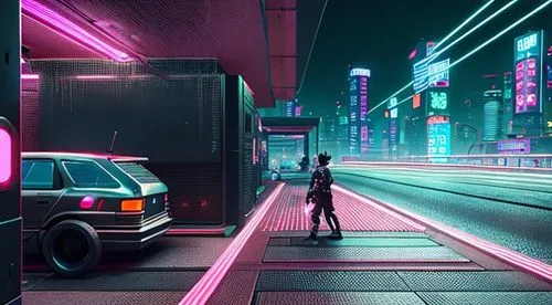 cyberpunk style architecture, neon light, city background, ramen stall in the street, lot of people walking,cyberpunk,neon arrows,80s,cybertruck,80's design,futuristic,tokyo,tokyo city,mercedes eqc,au