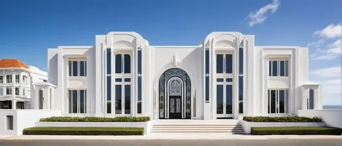 Hastings architectural design, Art Deco building, grand entrance, ornate facade, geometric patterns, symmetrical composition, white stone walls, large windows, stained glass doors, intricate ironwork,