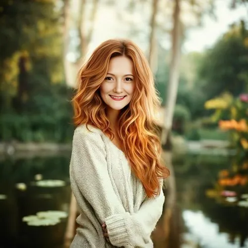 pond,an attractive woman standing next to water with a pond in the background,ponds,aliona,lopatkina,asllani,redhair,biljana,demelza,zhuravleva,girl on the river,evgenia,chachi,yulia,autumn background