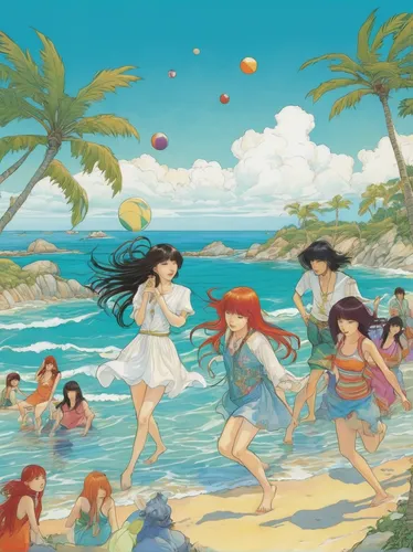 kawaii people swimming,beach goers,mermaid background,studio ghibli,dream beach,summer beach umbrellas,sea beach-marigold,little mermaid,lover's beach,umbrella beach,mermaids,beach background,coconuts on the beach,paradise beach,people on beach,summer day,swimming people,beach scenery,beach sports,ocean paradise,Illustration,Realistic Fantasy,Realistic Fantasy 04