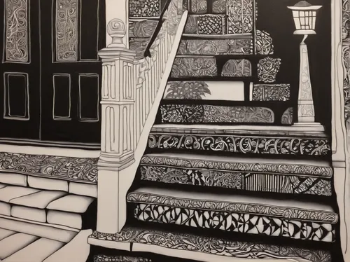 girl on the stairs,winding staircase,staircase,detail shot,outside staircase,stairway,stair,stairwell,stairs,stone stairway,stone stairs,progresses,fire escape,house painting,work in progress,meticulous painting,book illustration,baluster,circular staircase,woodwork,Illustration,Black and White,Black and White 11