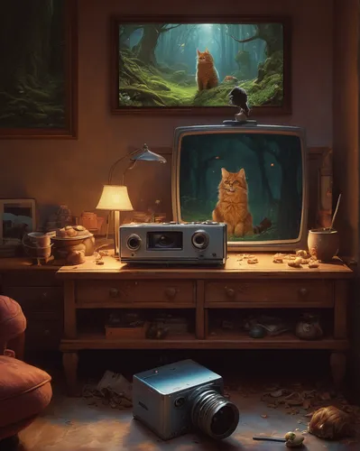 studio ghibli,playing room,workspace,cat watching television,world digital painting,study room,my neighbor totoro,game art,classroom,adventure game,game illustration,the little girl's room,evening atmosphere,study,kids room,livingroom,consoles,cartoon video game background,background screen,room,Conceptual Art,Fantasy,Fantasy 28