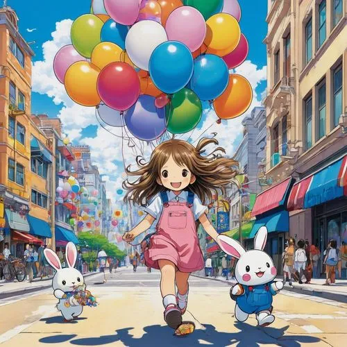 little girl with balloons,colorful balloons,balloon,balloon trip,balloonist,kites balloons,happy birthday balloons,studio ghibli,cloudstreet,balloons flying,pink balloons,balloons,play street,kitaro,star balloons,yazaki,corner balloons,pallonji,chako,nodame,Illustration,Abstract Fantasy,Abstract Fantasy 13