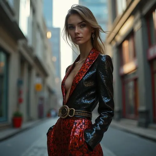 In this image prompt, envision a high fashion model in a stunning urban setting, showcasing the latest trends in haute couture. The model, a slender figure with an elegant posture, wears a striking ou