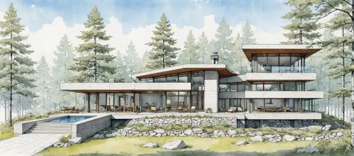 an architectural house with a pool, patio and deck,renderings,forest house,house in the forest,sketchup,mid century house,chalet,Unique,Design,Blueprint