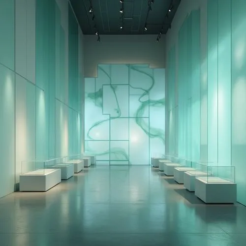 glass wall,art gallery,futuristic art museum,teal digital background,mahdavi,celadon