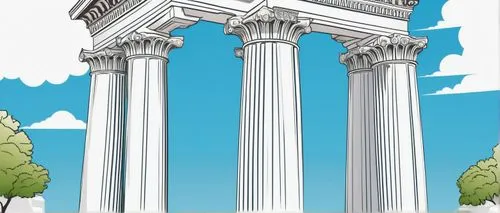 Ancient Greek column, ornate capital, fluted shaft, pedestal base, marble material, smooth texture, intricate carvings, temple setting, sunny day, bright blue sky, few white clouds, lush greenery surr