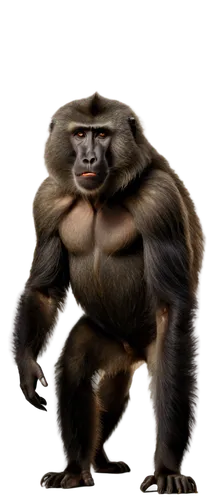 Black baboon, adult male, muscular build, strong facial features, thick fur, aggressive posture, standing on all fours, sharp claws, intense gaze, natural habitat, afternoon sunlight, warm color tone,