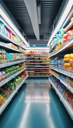 Modern supermarket, interior design, fluorescent lights, rows of shelves, metal racks, colorful product packaging, baskets, shopping carts, sliding glass doors, reflective floor, minimalist decor, urb