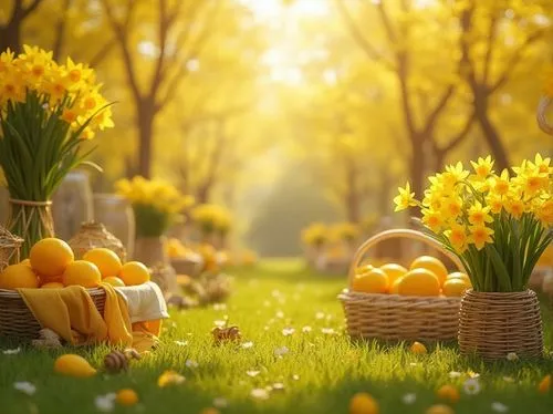 light yellow, bright sunny day, warm atmosphere, soft gentle petals, daffodils swaying, smiling faces, energetic vibrant tone, citrus fruits, lemon slices, honeycomb patterns, woven baskets, natural f