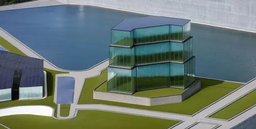 hydropower plant,sewage treatment plant,3d rendering,solar cell base,revit,sketchup,water plant,glass facade,wastewater treatment,arcology,seasteading,autostadt wolfsburg,unbuilt,aqua studio,thermal power plant,cooling tower,redevelop,renderings,glass building,render,Photography,General,Realistic