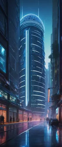 Futuristic, sci-fi, UO (Unreal Odyssey) inspired building, sleek metallic exterior, neon lights, holographic advertisements, towering skyscraper, intricate circuitry patterns, angular shapes, reflecti