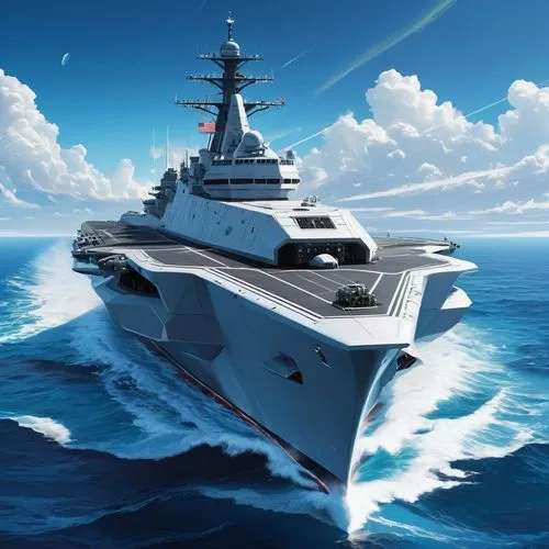 White Ultra-modern high-tech military naval ship, laser guns, space distortion systems, blue sky, blue sea,,a large ship in the middle of a body of water,super trimaran,warship,hnoms,mangusta,battlecr