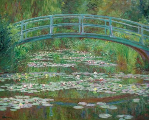 claude monet,viola bridge,white water lilies,lilly pond,lily pond,water lilies,giverny,lily pads,lilly of the valley,footbridge,angel bridge,scenic bridge,meadow in pastel,pond flower,waterlily,post impressionist,lilies of the valley,flower painting,garden pond,tied-arch bridge