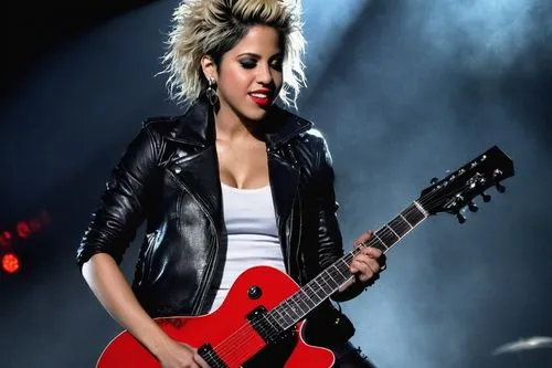 Shakira, female, 25yo, solo, rockstar, short black hair, bold eyebrows, bright red lipstick, silver earrings, black leather jacket, white tank top, ripped skinny jeans, black boots, guitar, microphone