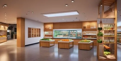 Design a food and beverage sales space based on the concept of a supermarket, with a warm and clean style, centrally located furniture filled with fruits and vegetables, indirect lighting used to crea