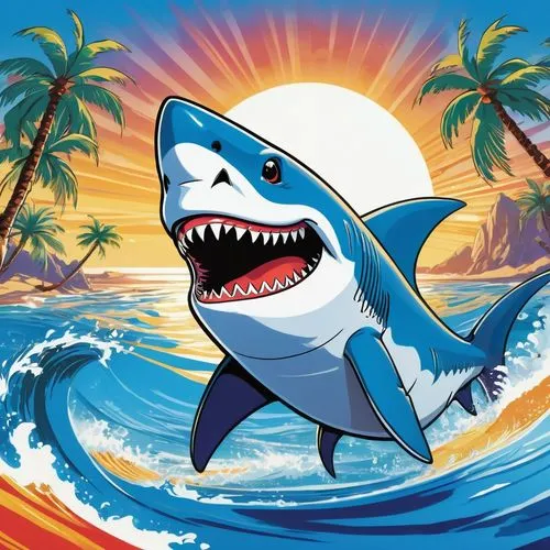 Fins up, cartoonish shark, smiling face, shiny blue scales, sharp teeth, bright eyes, dynamic pose, fins raised high, excited expression, beach ball, sunny day, clear sky, palm trees swaying, warm lig