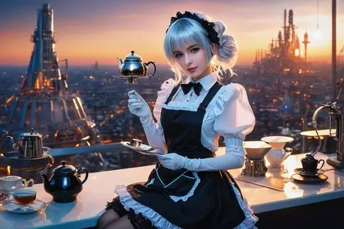 Mia, maid AI, android, silver hair, blue eyes, pale skin, lace-trimmed apron, white blouse, frilly skirt, stockings, black heels, dusting, cleaning, polishing, serving tea, futuristic, high-tech, robo