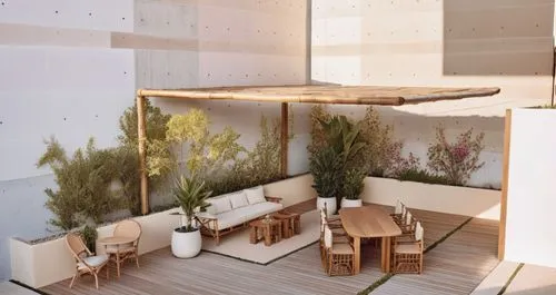 solid wood sunpergola. neutral colors. concrete walls and plant pots.  sissal rug under bamboo sofa with with cushions. bistrot table with natural bamboo chairs, keep floors. natural wood dinning tabl