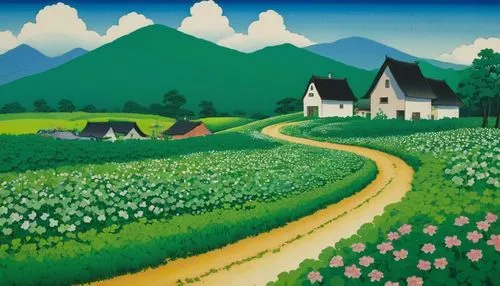 rural landscape,yamada's rice fields,village scene,mountain village,khokhloma painting,farm landscape,tulip field,alpine village,ricefield,hokkaido,home landscape,rice terrace,tulips field,mountain scene,tulip fields,korean folk village,agricultural,salt meadow landscape,tulip festival,flower field,Illustration,Japanese style,Japanese Style 20