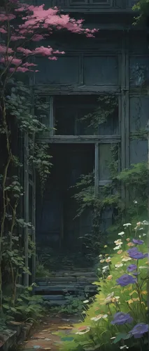 Compose a melancholic poem about wilted fleurs standing alone in a forgotten garden.,wisteria,lost place,abandoned place,lostplace,house in the forest,abandoned,undergrowth,forest,overgrown,purple lan