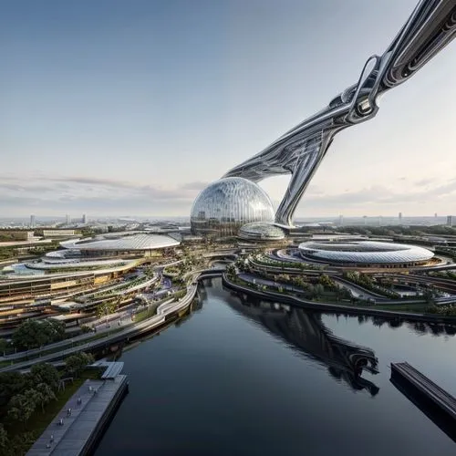 a futuristic library within landscape with a Dome, and spheres with also  modern technology.,tiger and turtle,futuristic architecture,marina bay,largest hotel in dubai,singapore,yas marina circuit,sin