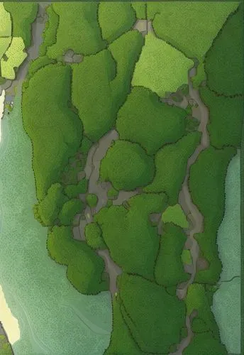 add tree landscape to all green areas,an abstract digital painting shows a beautiful green field,frog background,meanders,river delta,polder,polders,swampy landscape,Game&Anime,Doodle,Fairy Tale Illus