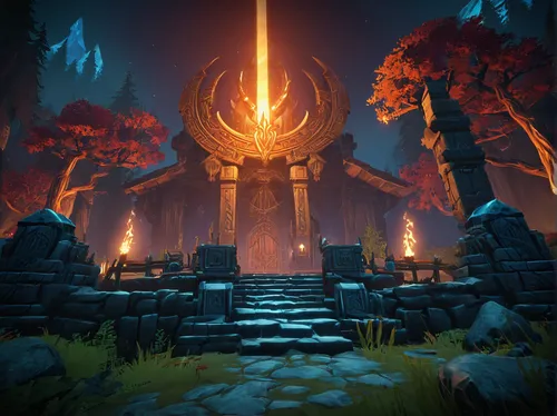 hall of the fallen,devilwood,the eternal flame,northrend,pillar of fire,portal,druid grove,torchlight,mausoleum ruins,shrine,cauldron,firethorn,druid stone,collected game assets,the throne,crown of the place,castle iron market,fire mountain,runes,place of pilgrimage,Illustration,Vector,Vector 16