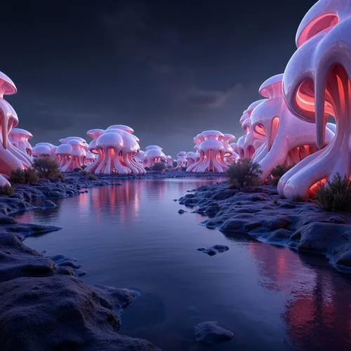 mushroom landscape,mushroom island,alien world,fractal environment,alien planet,sea anemone,futuristic landscape,fantasy landscape,jellyfishes,sea anemones,soft coral,mandelbulb,3d fantasy,desert coral,volcanic landscape,underwater landscape,coral reef,mycelial,coral swirl,forest anemone