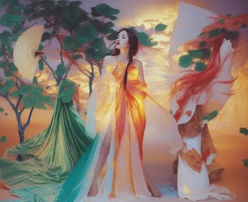 An amazing nude japanese young woman  with red lips and green eyes,three women dressed in elegant clothing posing,fantasy picture,lachapelle,fantasy art,sheherazade,fairy queen,muses,Illustration,Pape