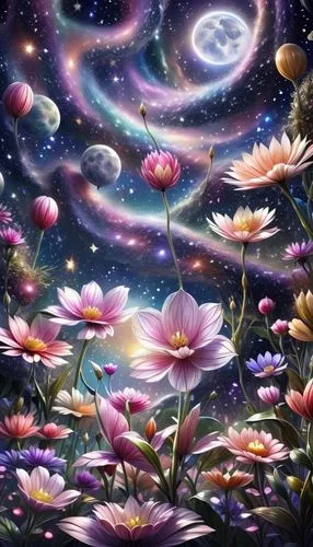 fairy galaxy,flowers celestial,cosmic flower,cosmos field,fantasy picture,sea of flowers,cosmos wind,splendor of flowers,magic star flower,fairy world,starry sky,flower painting,fantasy art,flower background,astronomy,colorful stars,night stars,universe,starflower,celestial bodies