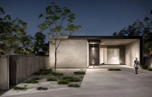 
architecture, with shade, landscaping and many trees, concrete, cement and large stone shards on the facade, the image takes place at night with lighting with a garage access ramp, black door, depth 