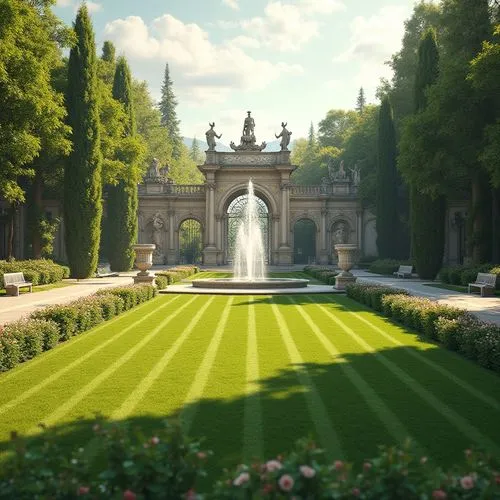 Manicured lawn, ornate fountains, symmetrical walkways, classical statues, grand entrance gates, majestic trees, vibrant flowerbeds, elegant hedges, refined garden benches, intricate stone carvings, o