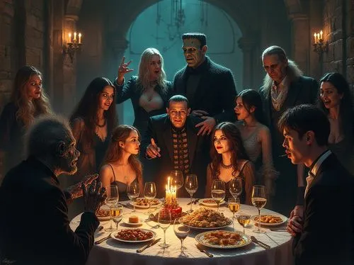 covens,dinner party,bram stoker,volturi,vetinari,strahd,therion,holy supper,family dinner,addams,ravenloft,buffyverse,last supper,candle light dinner,seance,gothic portrait,strigoi,exclusive banquet,count dracula,munsters,Conceptual Art,Oil color,Oil Color 04