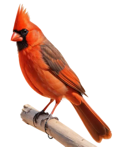 Cardinal bird, vibrant red plumage, crest on head, black mask, bright orange beak, perched, spread wings, morning sunlight, warm color tone, shallow depth of field, soft focus, 3/4 composition, natura