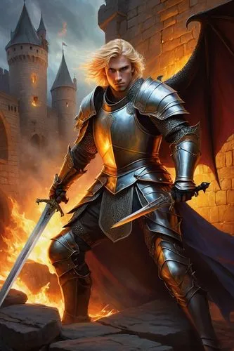 Fantasy scene, dragon, Western-style knight, medieval armor, sword in hand, determined facial expression, fiery eyes, blonde hair, muscular build, European-style castle, stone walls, grand hall, torch