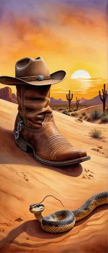 Western desert, sunset time, venomous snake, brown cowboy hat, worn leather boots, coiled body, rattle tail, scaly skin, yellow eyes, sharp teeth, cactus background, sandy dunes, tumbleweed, rocky out