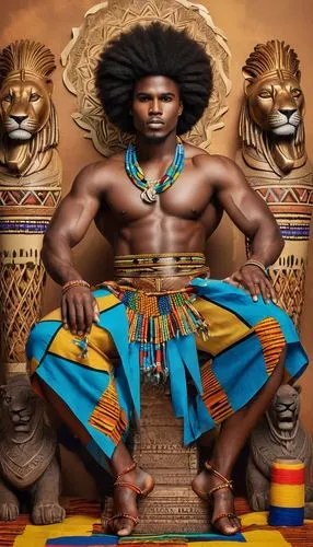 Brown Pride Artwork, vibrant African culture, Afro hairstyle, colorful dashiki, bold facial features, strong jawline, confident posture, muscular arms crossed, chest adorned with traditional beads, wa