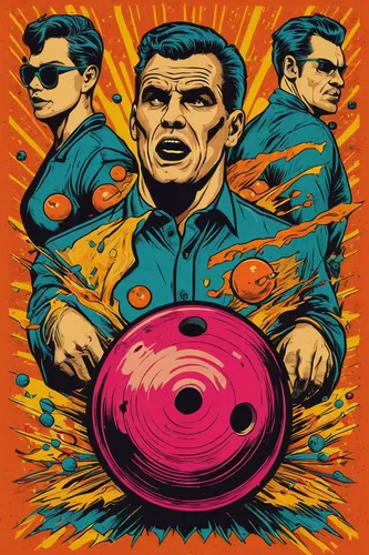 pinball,bowling balls,dodgeball,kin-ball,bowling ball,cool pop art,bowling ball bag,american football,flying disc,ping-pong,chili peppers,ten-pin bowling,kettledrums,skee ball,rockabilly,strongman,para table tennis,hard boiled,bowler,disc golf,Illustration,American Style,American Style 10