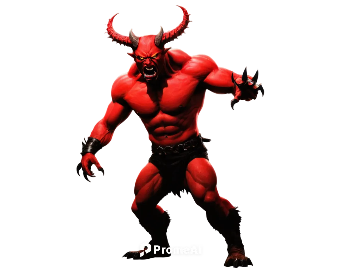 Horned creature, demonic, red skin, curved horns, sharp teeth, glowing eyes, muscular body, claws, spiky tail, dynamic pose, low-angle shot, dramatic lighting, high contrast, cinematic composition.,de