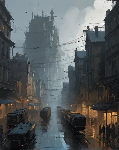 evening atmosphere,rainy,atmosphere,mist,ancient city,atmospheric,post-apocalyptic landscape,the street,rainstorm,slums,street scene,cityscape,city scape,narrow street,alleyway,destroyed city,world digital painting,street canyon,rains,evening city,Conceptual Art,Sci-Fi,Sci-Fi 01