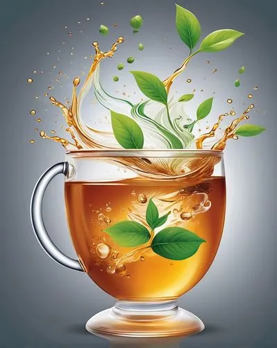 A modern poster introducing a newly developed tea beverage, with refreshing, floating tea leaves and soothing tea broth surrounding it, accompanied by a prominent and persuasive advertising slogan, pr