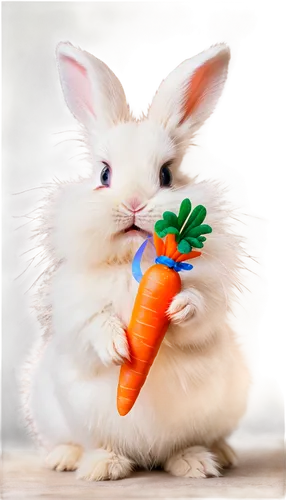 Cute baby bunny, white fluffy fur, pink nose, big round eyes, twitching whiskers, soft ears, sitting posture, holding a carrot, warm lighting, pastel colors, 3/4 composition, shallow depth of field, a