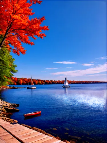 Michigan landscape, Great Lakes shoreline, sunny afternoon, clear blue sky, fluffy white clouds, gentle waves, rocky coast, green forests, autumn foliage, vibrant orange leaves, branches stretching up