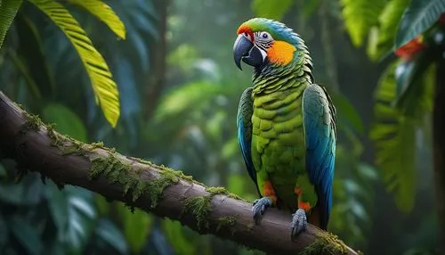 Colorful parrot, Ara Macao, vibrant green feathers, yellow belly, blue wingtips, large beak, playful eyes, perched, tropical rainforest, exotic plants, vines, ancient trees, misty atmosphere, warm sun