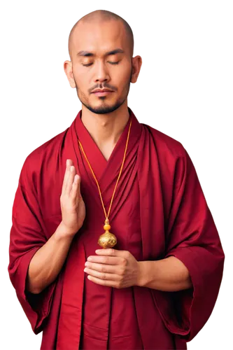 Buddhist monk, Asian male, bald head, beard, red robe, yellow robe, brown robe, golden ornaments, prayer beads, serene facial expression, gentle eyes, closed eyes, meditation pose, lotus position, inc