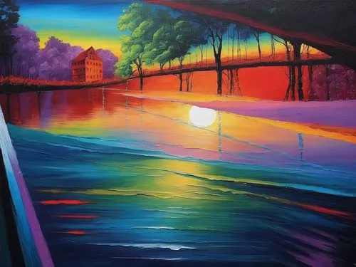 dubbeldam,river landscape,boathouse,oil painting on canvas,covered bridge,rainbow bridge,art painting,evening lake,oil on canvas,painting technique,pittura,oil painting,pintura,night scene,pintor,boat landscape,towpath,pont,wooden bridge,landscape,Illustration,Realistic Fantasy,Realistic Fantasy 25