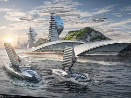 futuristic landscape,futuristic architecture,artificial island,futuristic art museum,artificial islands,cube stilt houses,costa concordia,floating islands,sky space concept,tsunami,solar cell base,alien ship,futuristic,floating island,virtual landscape,eco-construction,post-apocalyptic landscape,smart city,aquaculture,island suspended,Architecture,General,Masterpiece,High-tech Modernism