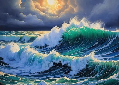 ocean waves,seascape,sea landscape,sea storm,oil painting on canvas,ocean background,tidal wave,seascapes,stormy sea,japanese waves,oil painting,water waves,ocean,coastal landscape,tsunami,waves,sea,art painting,sea water splash,the wind from the sea,Illustration,Retro,Retro 20