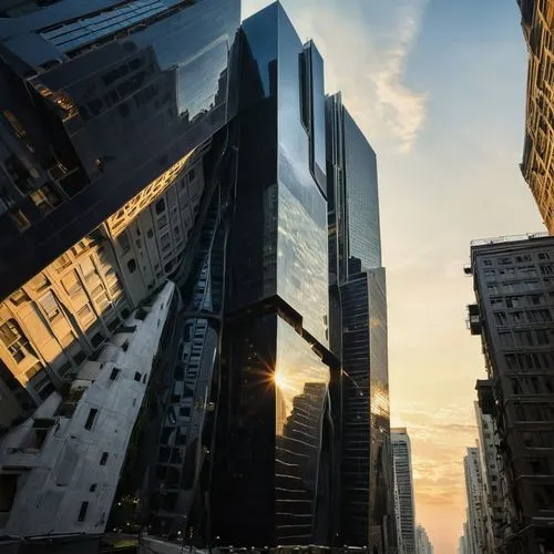 monochromatic art by H. R. (Hans Ruedi) Giger and Orazio Gentileschi, A low-angle view of a geometric cityscape seen from the vantage point of a person on the street level facing the left side of the 